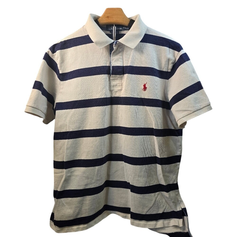 Polo Ralph Lauren Mens XL Custom Fit Striped Polo Shirt White Navy Blue Short Sl